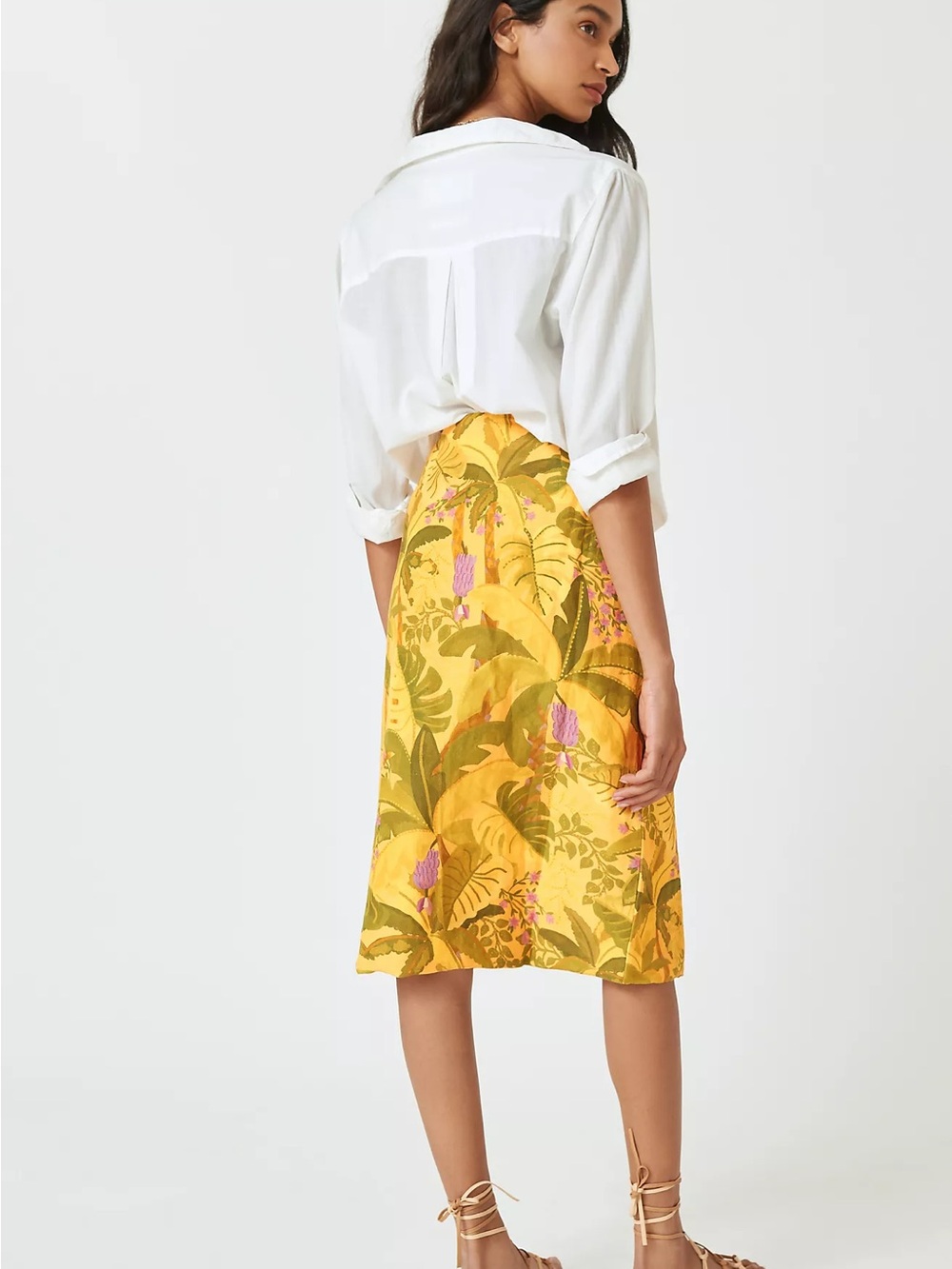 FARM Rio Banana Leaf Yellow Gold Linen Midi Skirt Medium - Picture 10 of 10